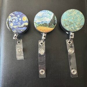 Set of 3 Art Print Badge Reel Trio - Starry Night, Wheat Field, Almond Blossom